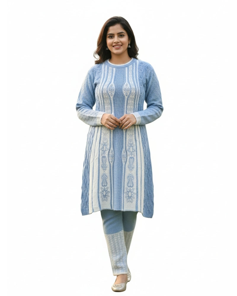 Full Sleeve Knee Length Woolen Fabric SkyBlue Color 3 PC Kurti Set For Women