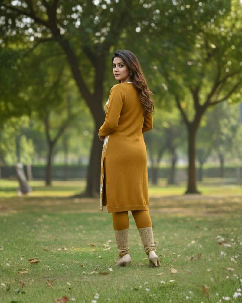 प्रीमियम 3-पीस ऊनी विंटर कुर्ती सेट | बॉटम और स्टोल के साथ बुना हुआ कुर्ता | M-XXL साइज़