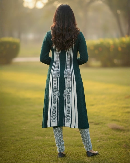 Full Sleeve Knee Length Woolen Fabric Bottle Green Color 3 PC Kurti Set For Women