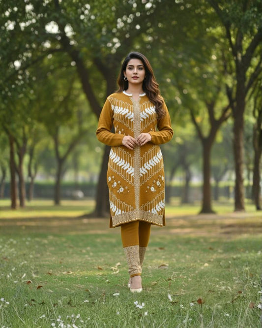 प्रीमियम 3-पीस ऊनी विंटर कुर्ती सेट | बॉटम और स्टोल के साथ बुना हुआ कुर्ता | M-XXL साइज़