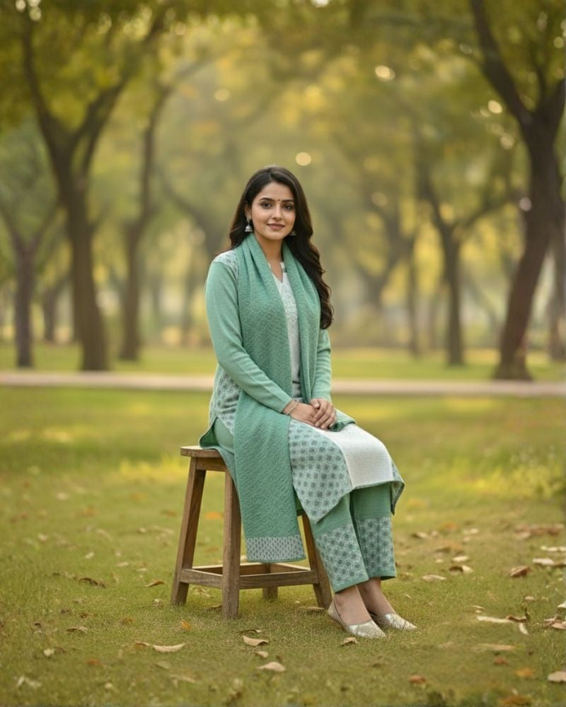 प्रीमियम 3-पीस ऊनी विंटर कुर्ती सेट | बॉटम और स्टोल के साथ बुना हुआ कुर्ता | M-XXL साइज़