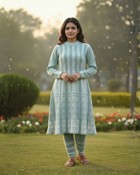 KRITI बुना हुआ ऊनी फ्रॉक कुर्ता सेट | बॉटम वियर के साथ 2-पीस विंटर कुर्ती