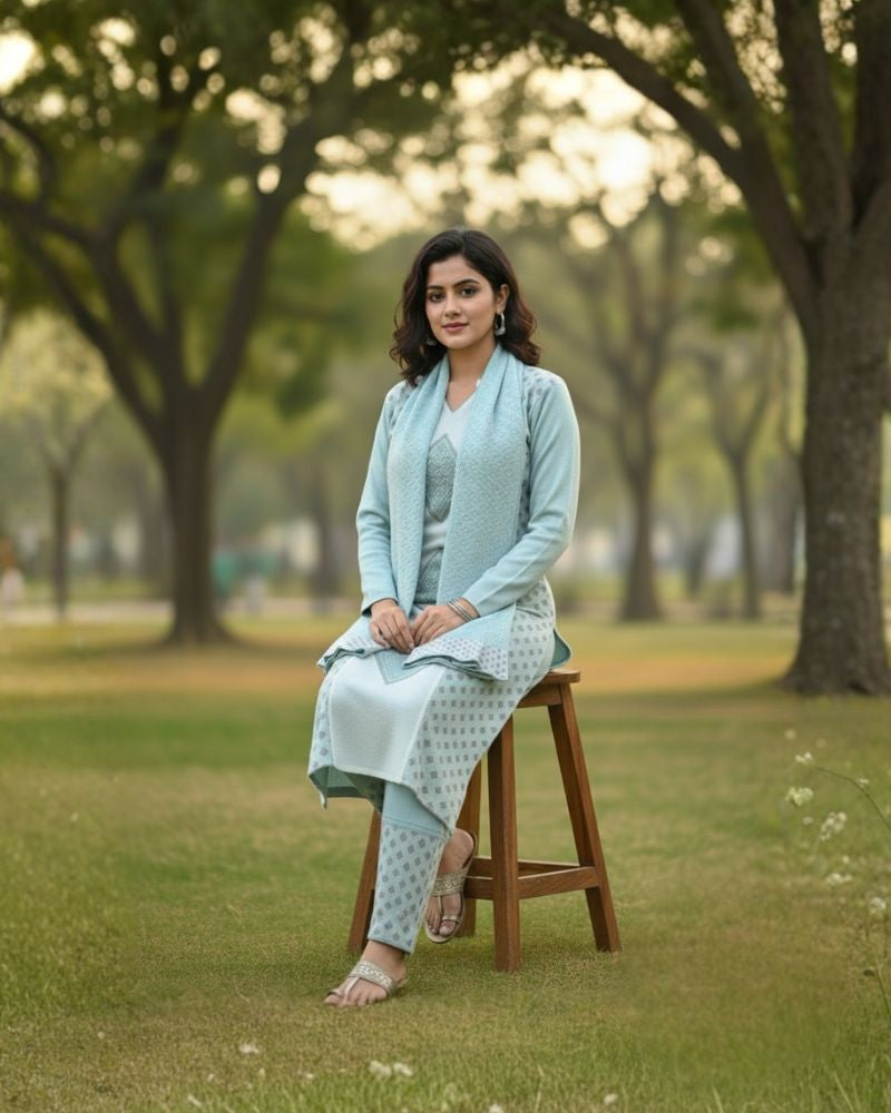 प्रीमियम 3-पीस ऊनी विंटर कुर्ती सेट | बॉटम और स्टोल के साथ बुना हुआ कुर्ता | M-XXL साइज़