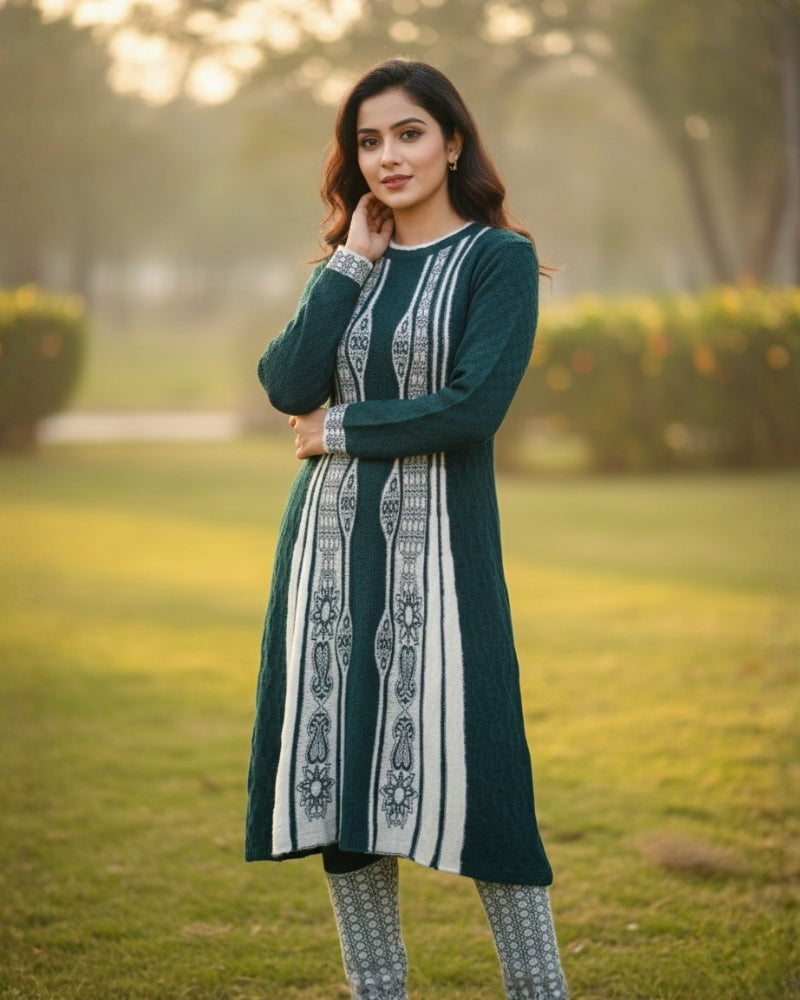 Full Sleeve Knee Length Woolen Fabric Bottle Green Color 3 PC Kurti Set For Women