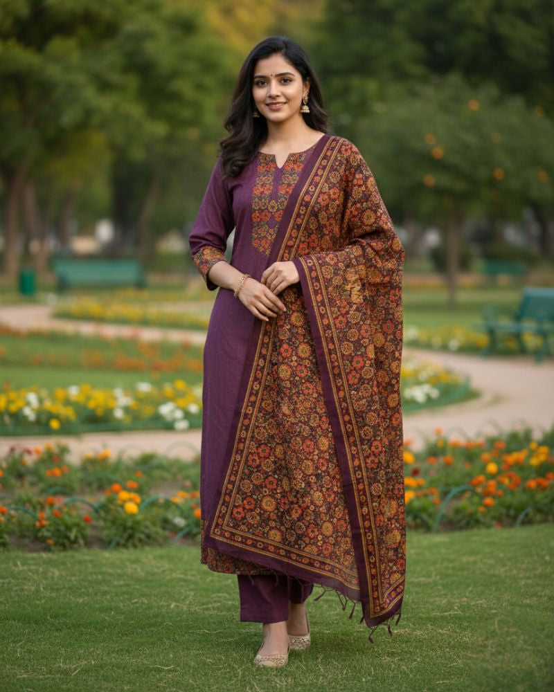 KRITI महिलाओं के लिए डिजिटल प्रिंट ऊनी बैंगनी रंग का अनस्टिच्ड फ़ैब्रिक सूट सेट विंटरवियर