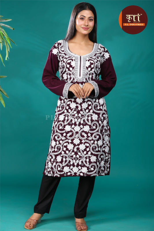 KRITI White Floral Embroidery Rayon Cotton Kurti Dark Maroon Color For Women