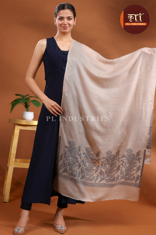 KRITI Luxury Border Floral Design Fine Wool Beige Stole for Girl