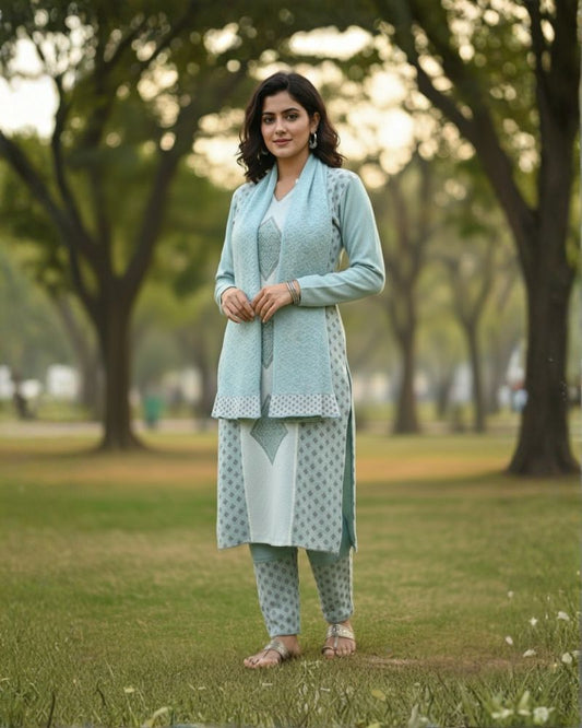 प्रीमियम 3-पीस ऊनी विंटर कुर्ती सेट | बॉटम और स्टोल के साथ बुना हुआ कुर्ता | M-XXL साइज़