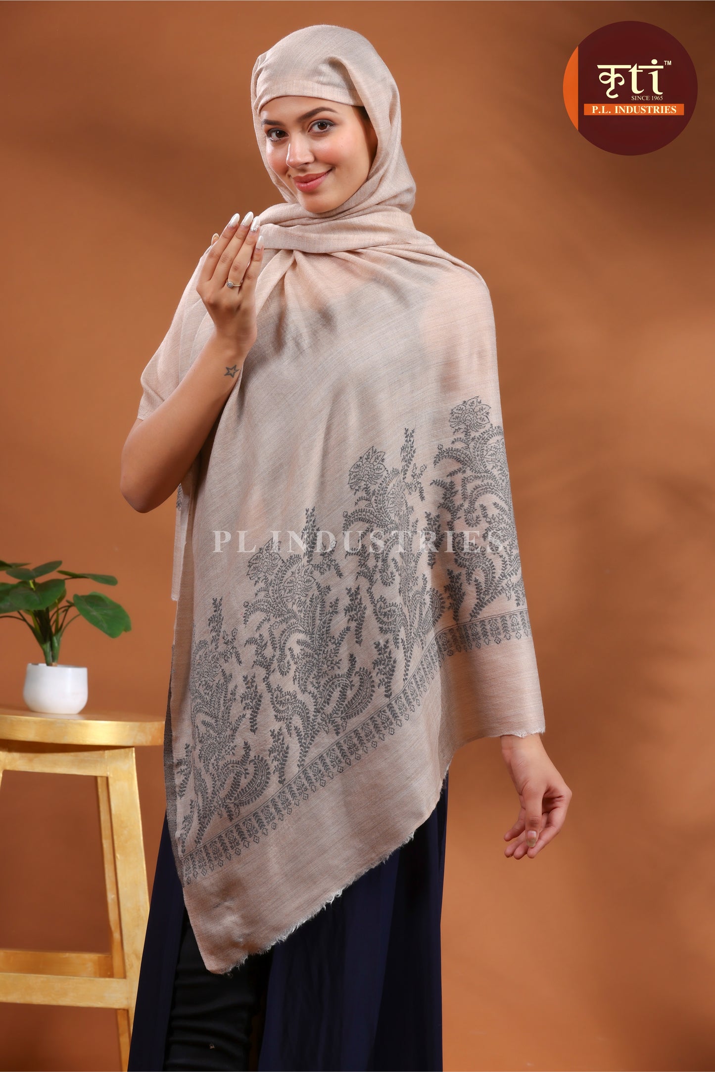 KRITI Premium Pashmina (Fine Wool) Lightweight Beige Color Stole For Girl