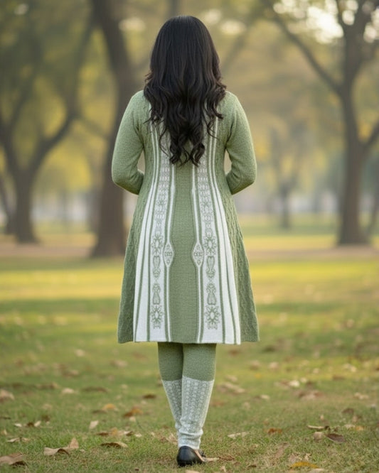 Full Sleeve Knee Length Woolen Fabric Pista Color 3 PC Kurti Set For Women