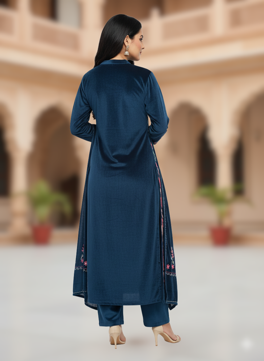 KRITI Winter Velvet 3 Piece Kurti Set Airforce Color For Women