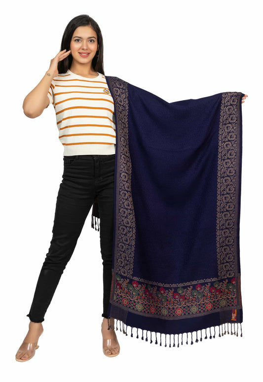 KRITI Border Pattern Woollen Navy Color Stole For Girl