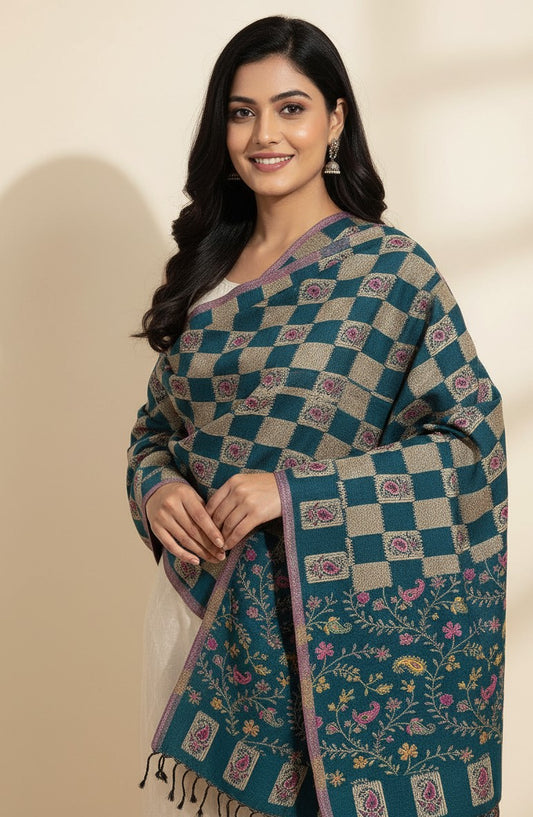 KRITI Floral Pattern Woolen Teal Color Stole For Girl