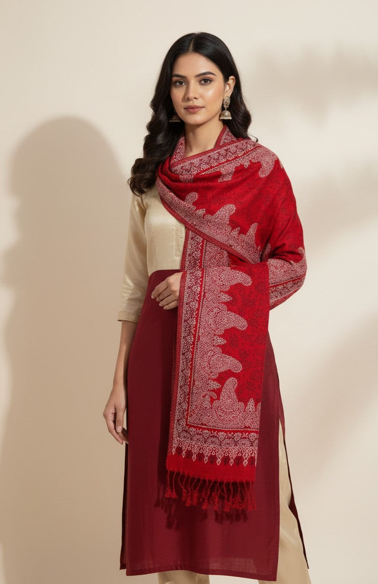 KRITI Paisley Pattern Woolen Red Color Stole For Girl