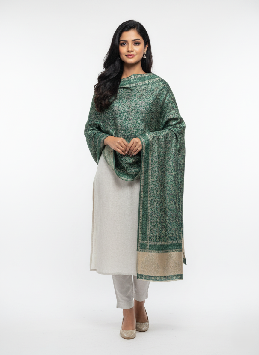 Paisley Pattern Woolen Green Color Shawl