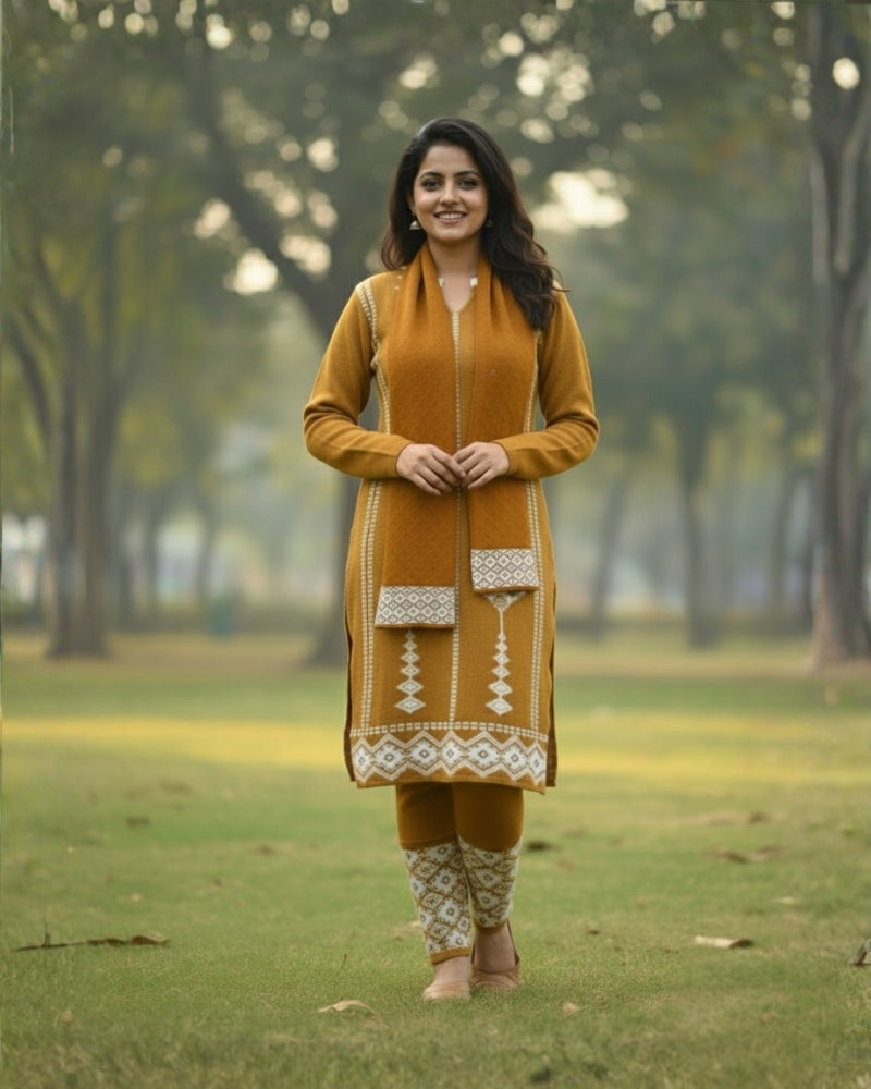 प्रीमियम 3-पीस ऊनी विंटर कुर्ती सेट | बॉटम और स्टोल के साथ बुना हुआ कुर्ता | M-XXL साइज़