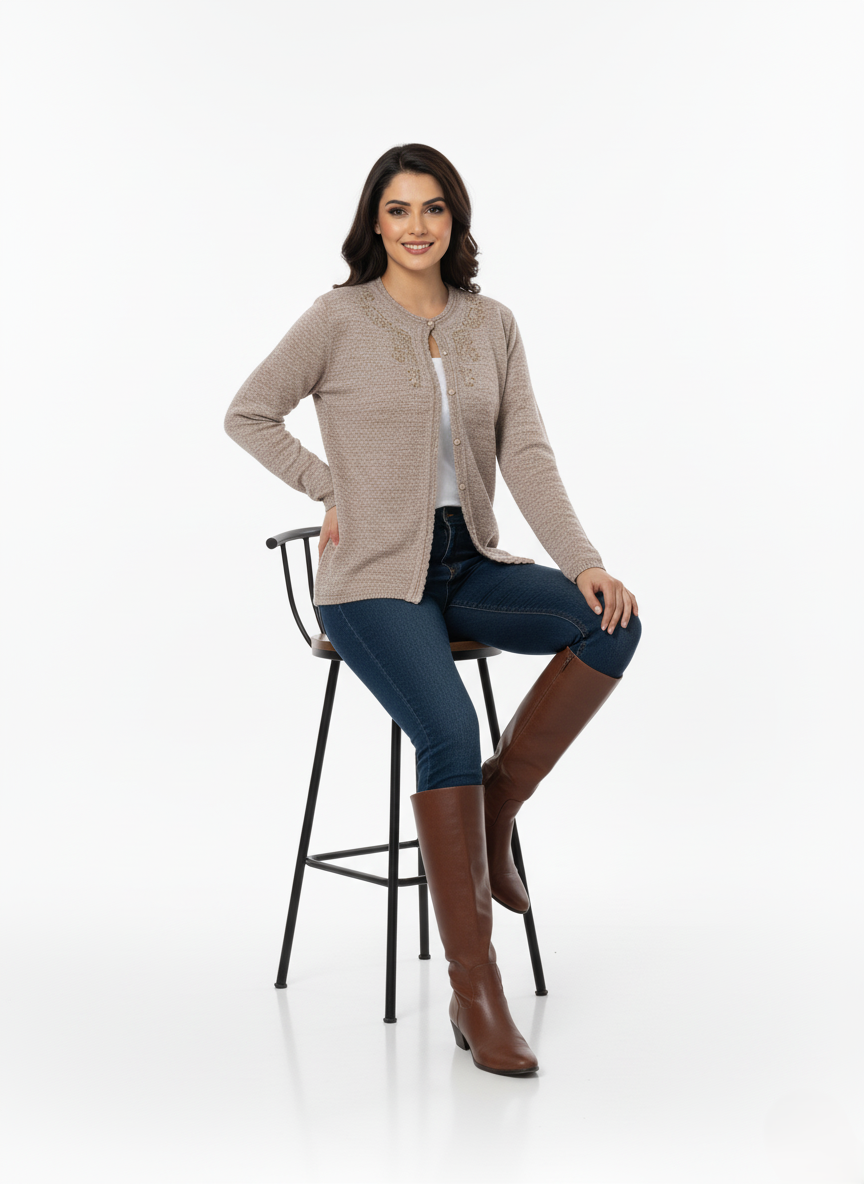 KRITI Winter Rainbow Embroidery Cardigan Mouse Color For Women