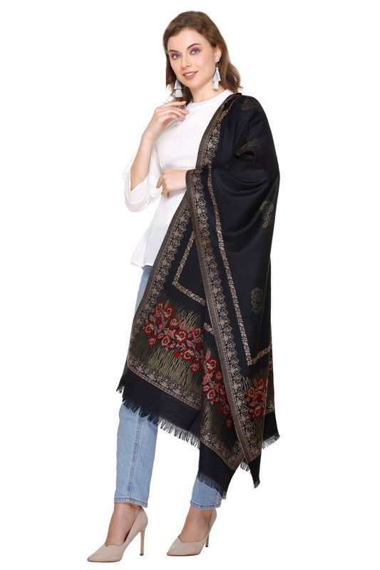 KRITI  Floral Border Woollen Black Color Stole For Girl