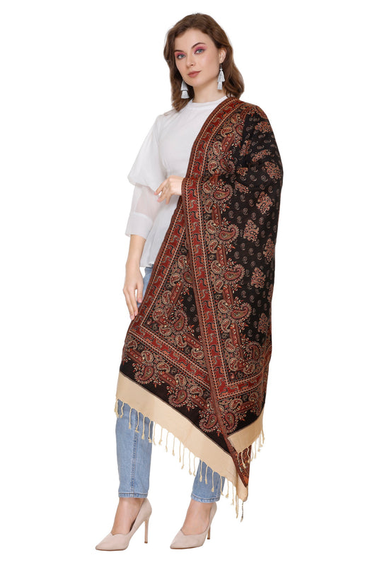 KRITI Kashmiri Design Woollen Black Color Stole For Girl