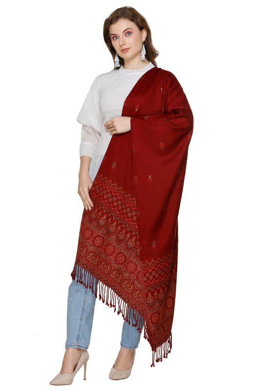 KRITI Jacquard Design  Woollen Maroon Color Stole For Girl