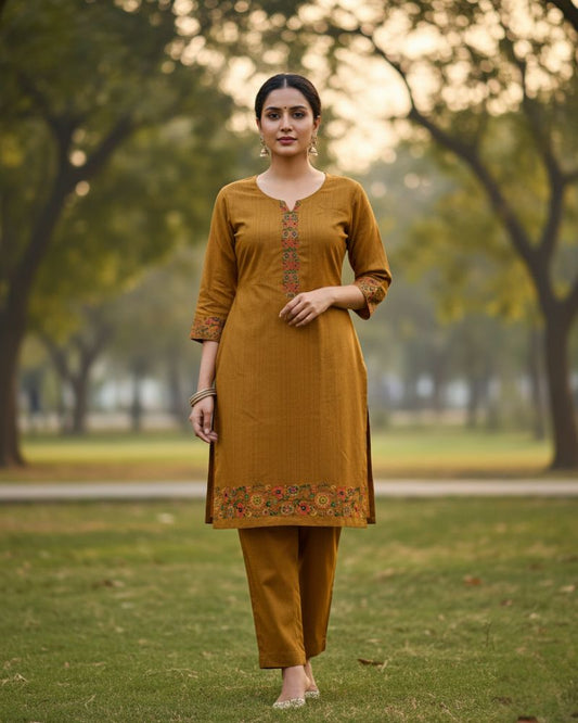 KRITI महिलाओं के लिए डिजिटल प्रिंट ऊनी सरसों रंग का अनस्टिच्ड फ़ैब्रिक सूट सेट विंटरवियर