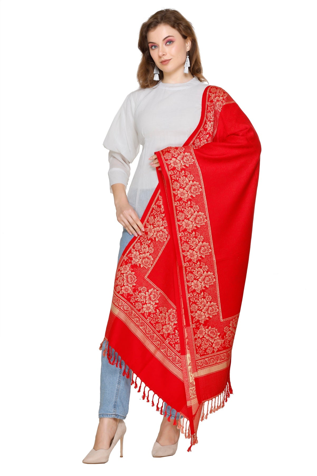 KRITI Floral Border Woollen Red Color Stole For Girl