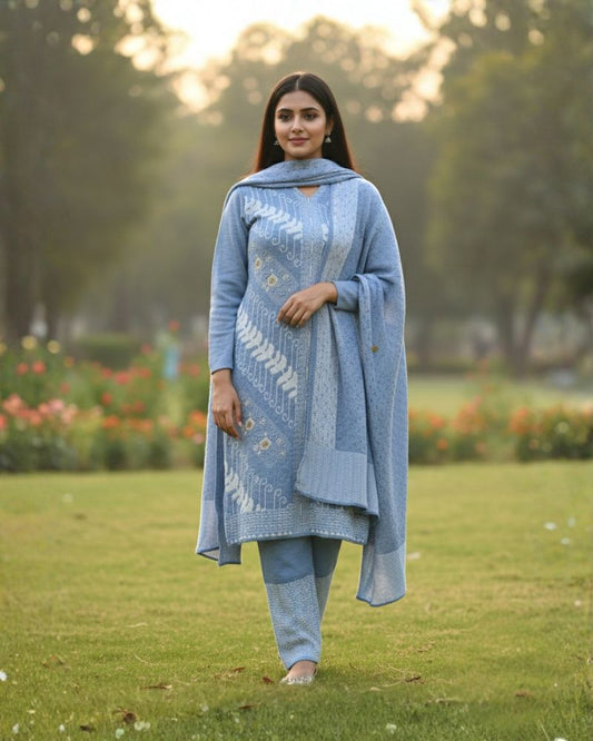 प्रीमियम 3-पीस ऊनी विंटर कुर्ती सेट | बॉटम और स्टोल के साथ बुना हुआ कुर्ता | M-XXL साइज़