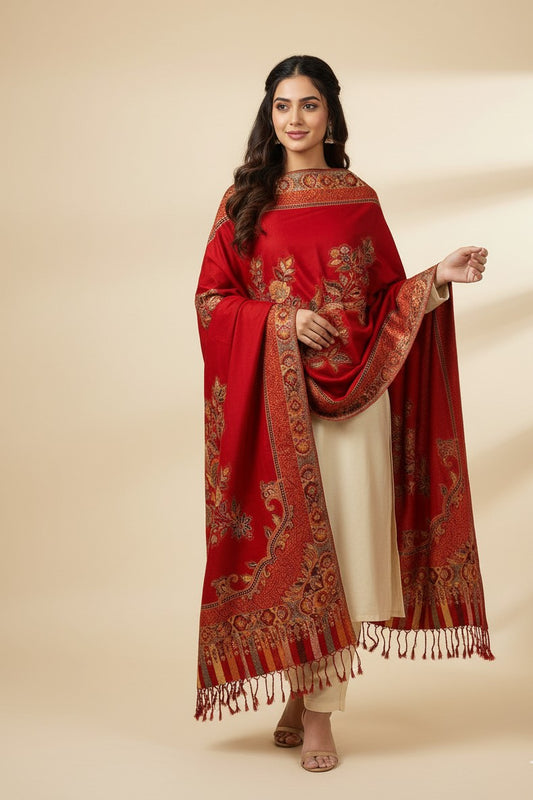 KRITI Floral Pattern Woollen Maroon Color Stole For Girl