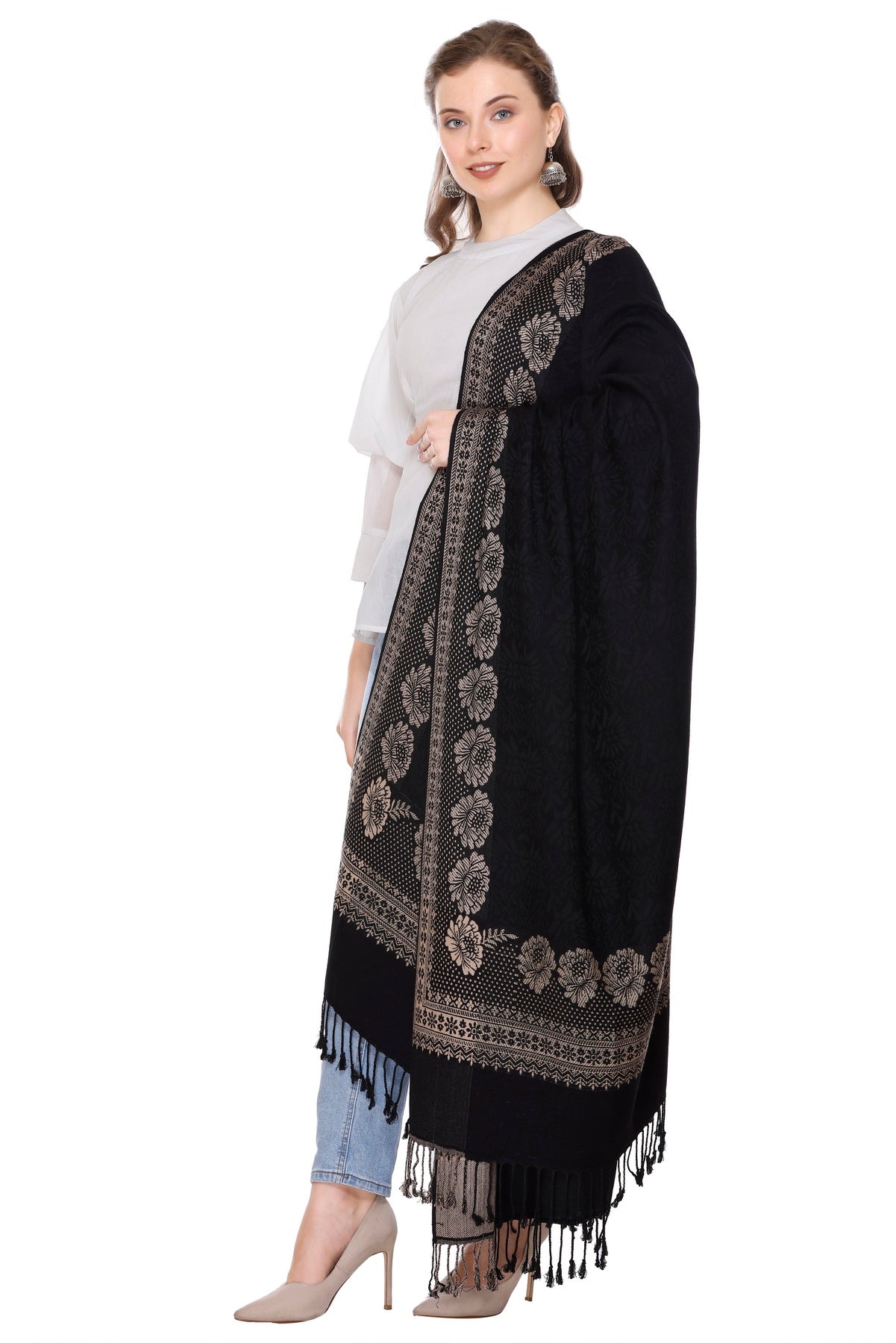 KRITI Black Wool Blend Shawl For Women.