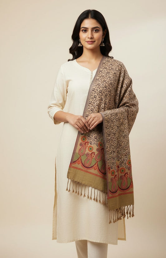 KRITI Paisley Pattern Woolen Beige Color Stole For Girl