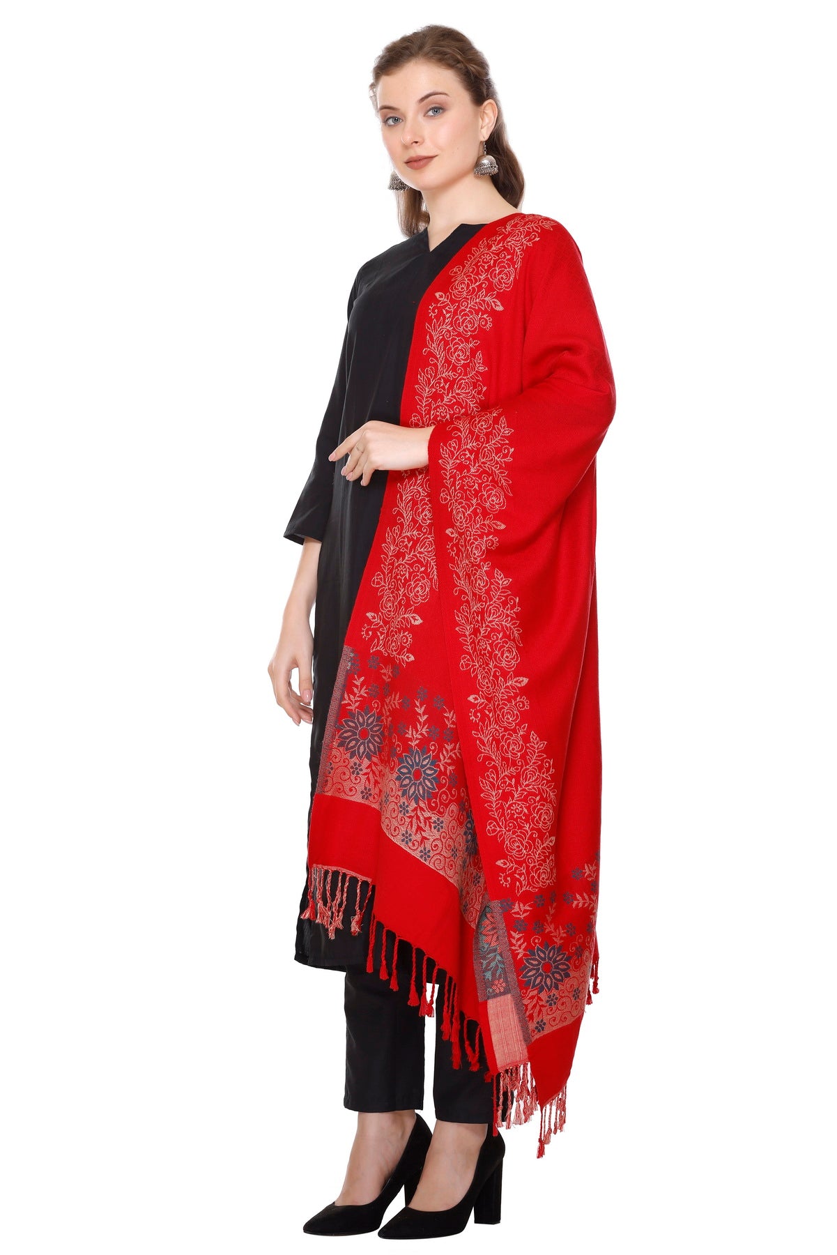 KRITI Floral Border Woollen Red Color Stole For Girl