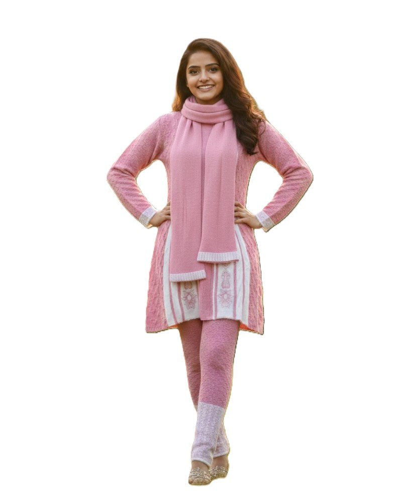 Full Sleeve Knee Length Woolen Fabric Peach Color 3 PC Kurti Set For Women