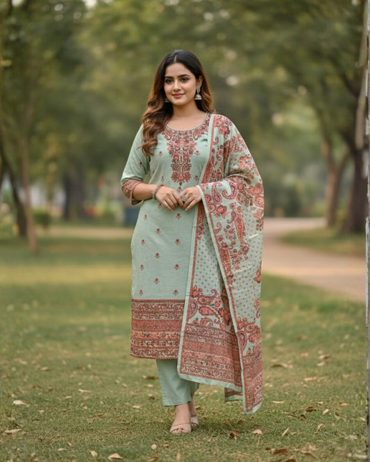 KRITI Woolen Digital Print Stitched Suit Pista Color For Women Winter