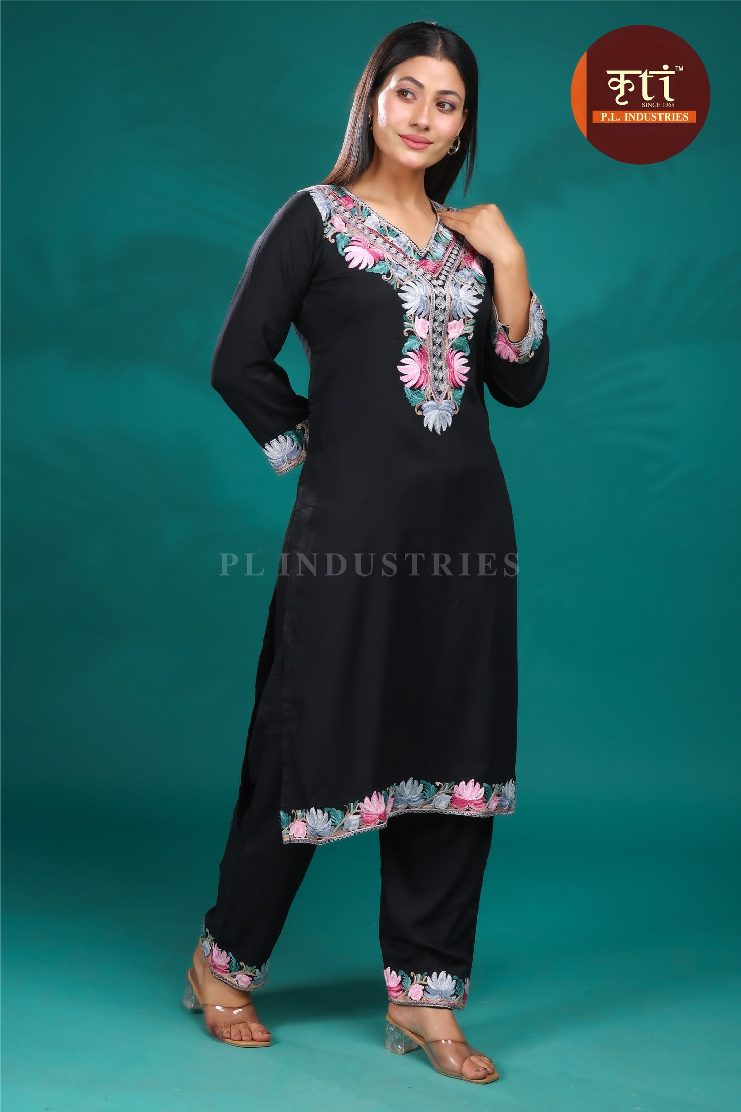 Black Rayon Cotton Co-ord Set with Intricate Floral Hand Embroidery | Premium Ethnic Wear by Kriti Free Size