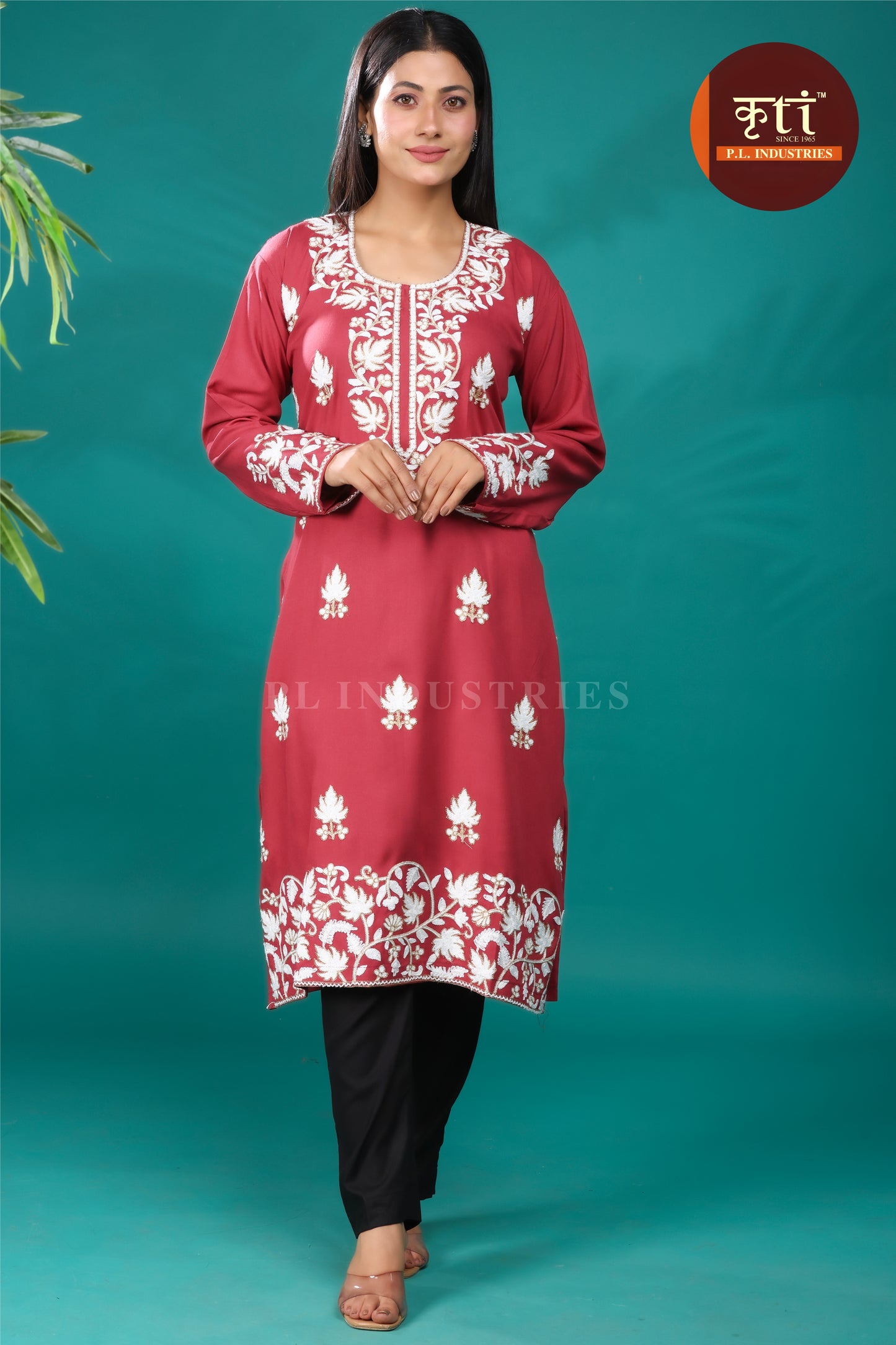 Charming Carrot Rayon Cotton Kurti with Intricate Floral Embroidery | Exclusive Ethnic Wear by Kriti Free Size