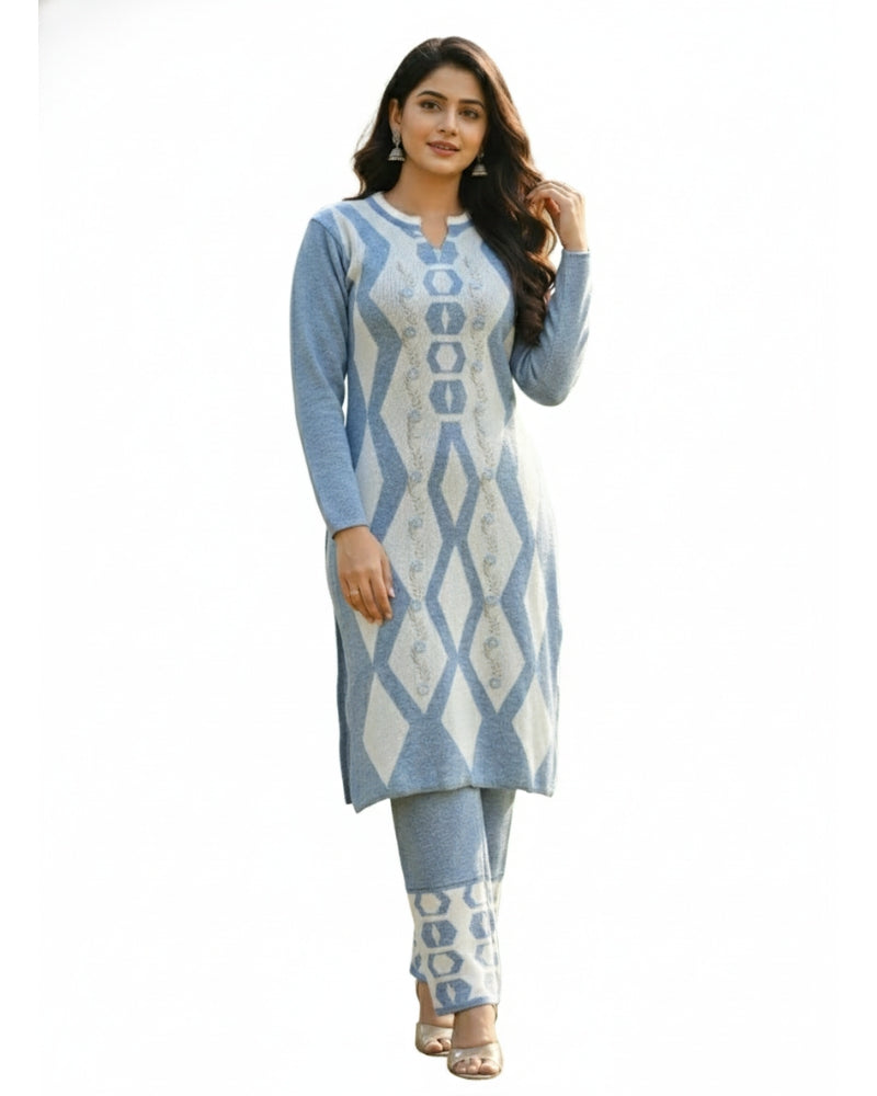 Women's Geometric Print SkyBlue Color Woolen Kurti Set | Warm Winter 3-Piece Suit