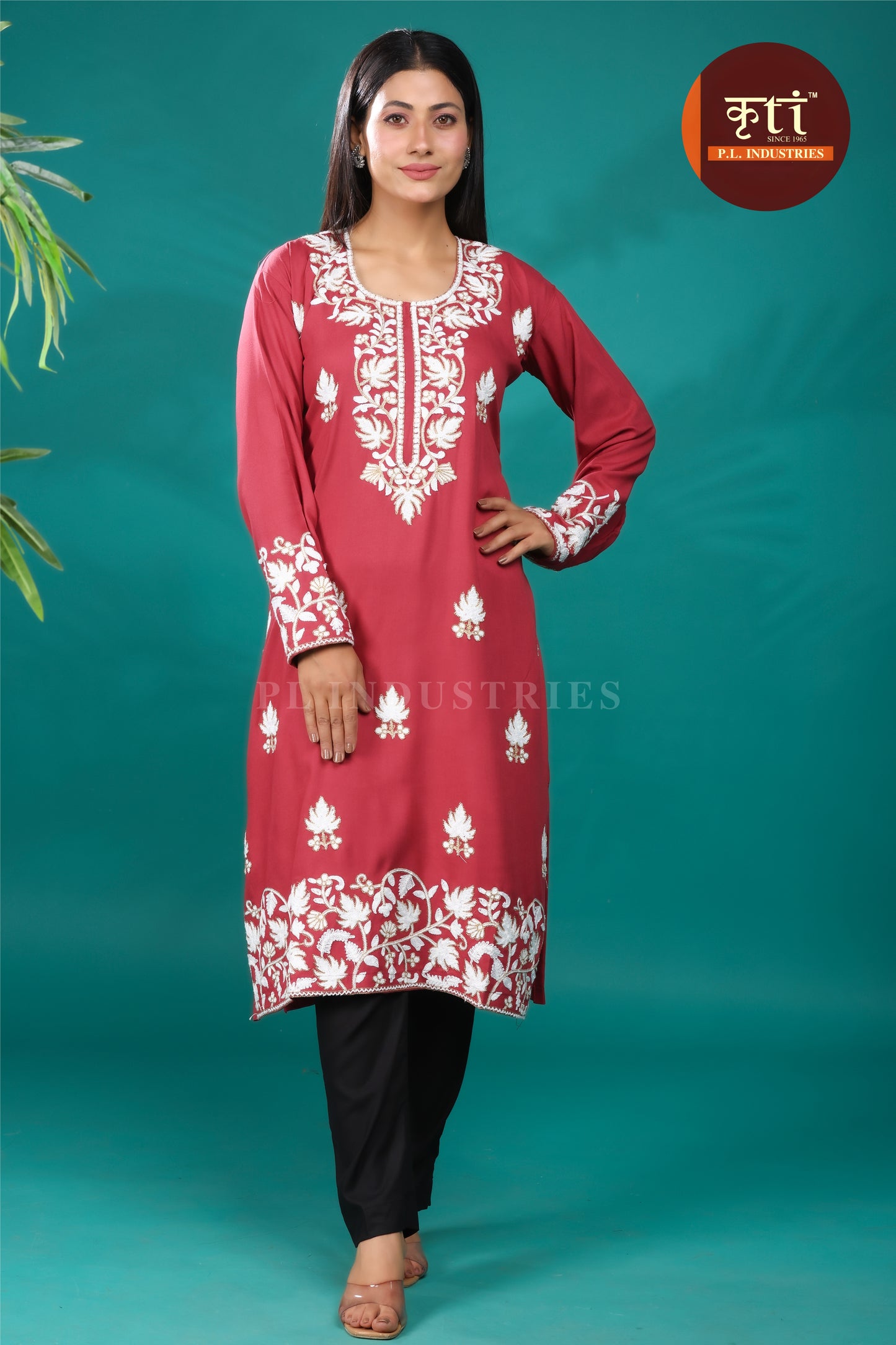 Charming Carrot Rayon Cotton Kurti with Intricate Floral Embroidery | Exclusive Ethnic Wear by Kriti Free Size