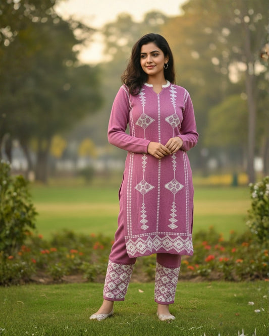 प्रीमियम 3-पीस ऊनी विंटर कुर्ती सेट | बॉटम और स्टोल के साथ बुना हुआ कुर्ता | M-XXL साइज़