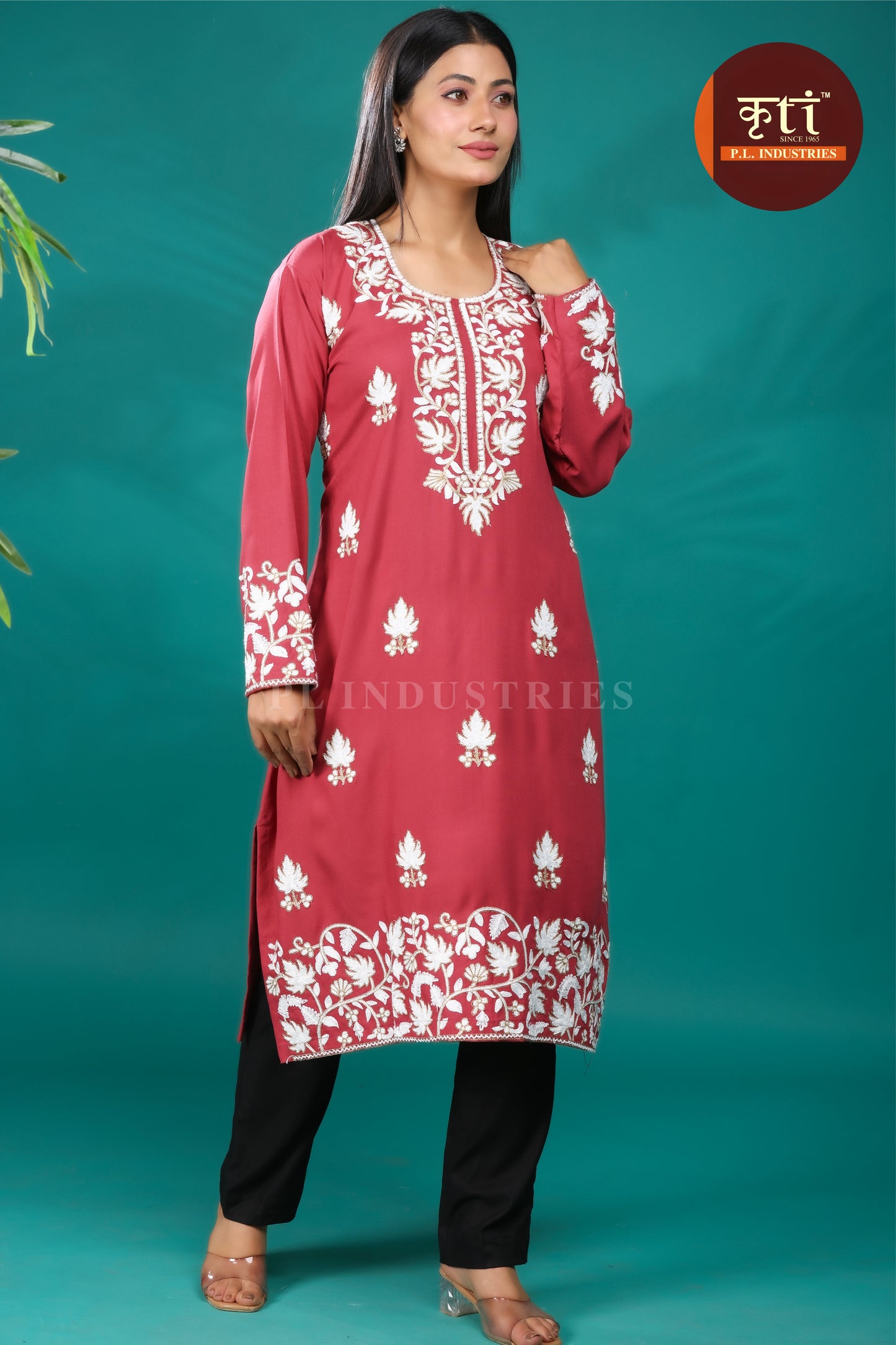 Charming Carrot Rayon Cotton Kurti with Intricate Floral Embroidery | Exclusive Ethnic Wear by Kriti Free Size
