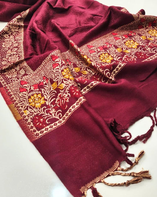 Kashmiri Wool Shawl with Floral Jacquard Border- Maroon
