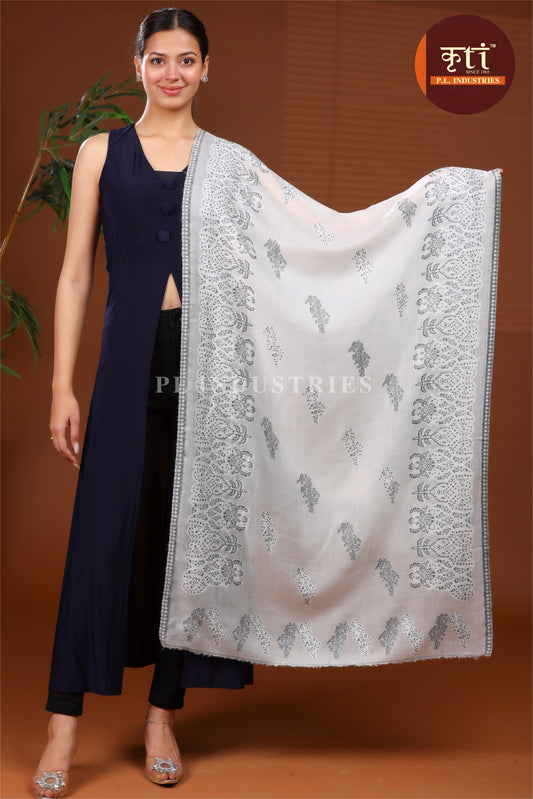 KRITI Luxury Fine Wool Woven Lightweight White Color Stole For Girl