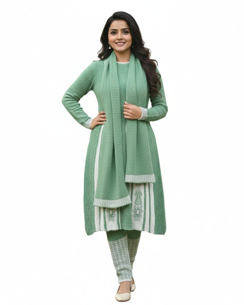 Full Sleeve Knee Length Woolen Fabric Olive Color 3 PC Kurti Set For Women