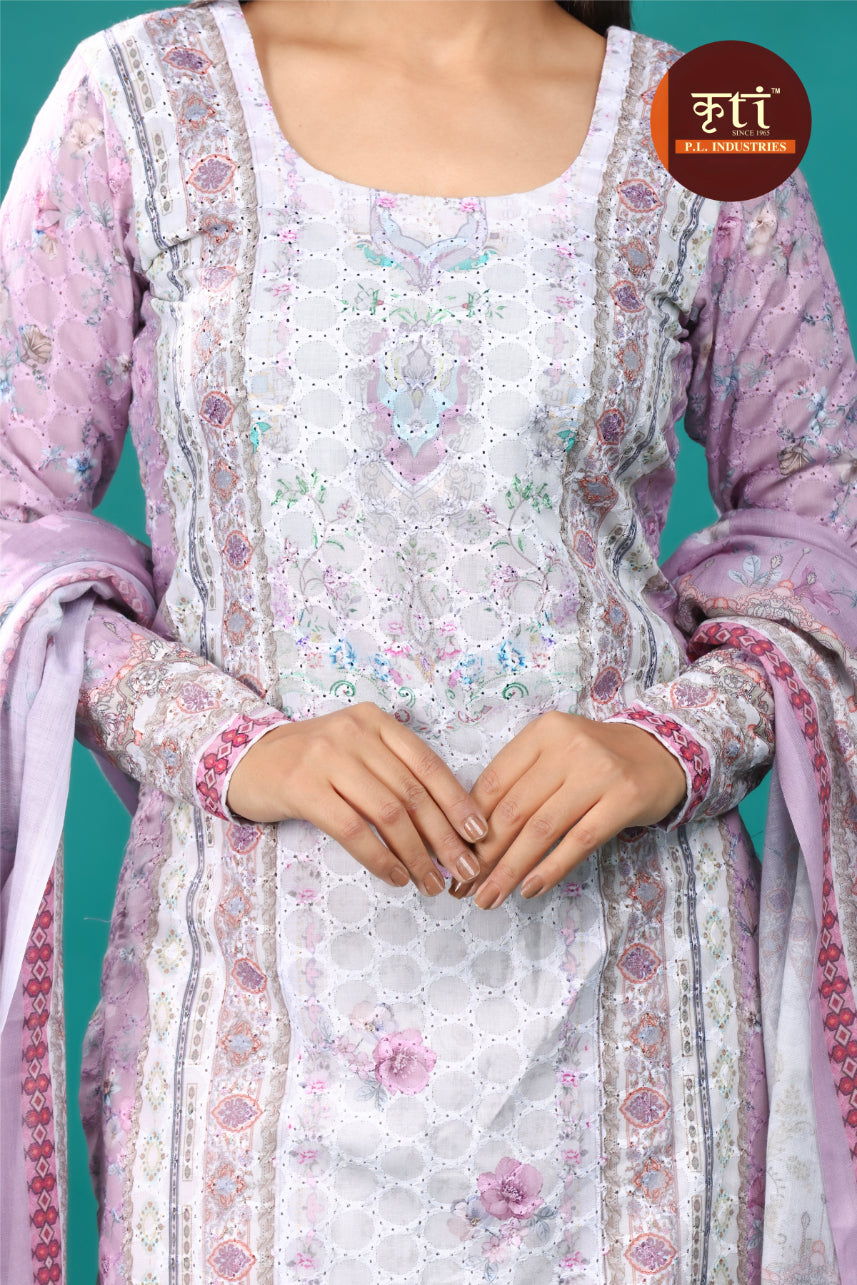 Kriti Light Purple Floral Charm – 3-Piece Unstitched Cotton Suit Set with Dupatta & Bottom