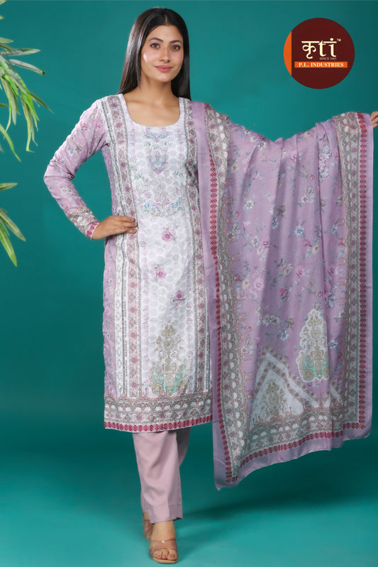 KRITI Unstitched Floral Print Cotton Suit With Dupatta Light Purple  Color For Women
