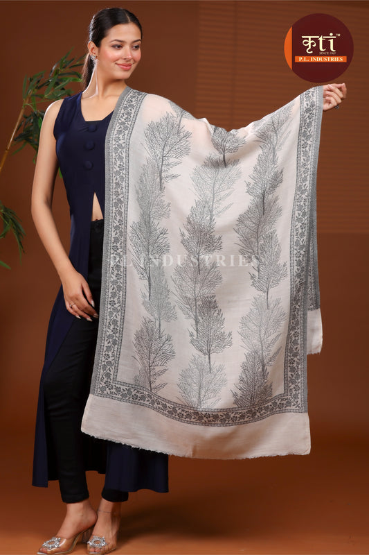 KRITI Premium Leaf Pattern Fine Wool Beige Color Stole For Girl