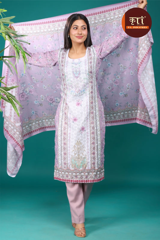 KRITI Unstitched Floral Print Cotton Suit With Dupatta Light Purple  Color For Women