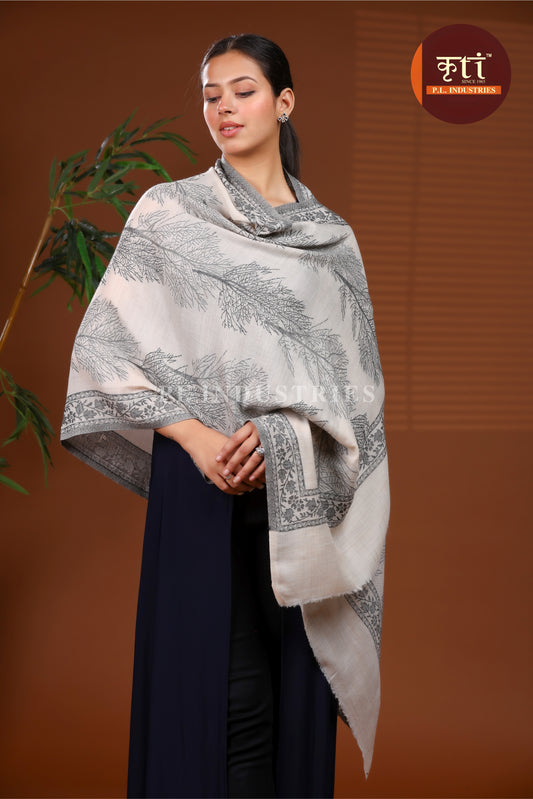 KRITI Premium Leaf Pattern Fine Wool Beige Color Stole For Girl