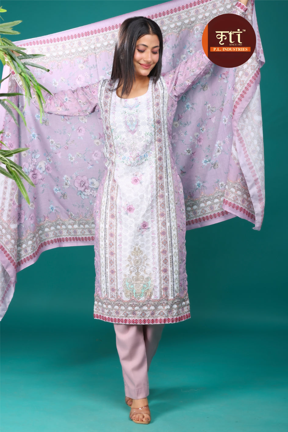 Kriti Light Purple Floral Charm – 3-Piece Unstitched Cotton Suit Set with Dupatta & Bottom