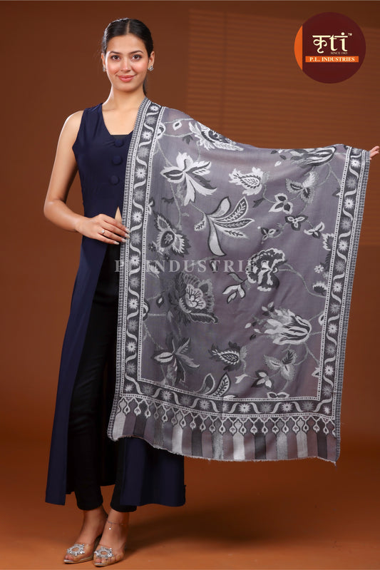 KRITI Luxury Floral Pattern Fine Wool Grey Color Stole For Girl