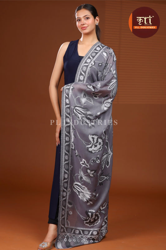 KRITI Luxury Floral Pattern Fine Wool Grey Color Stole For Girl